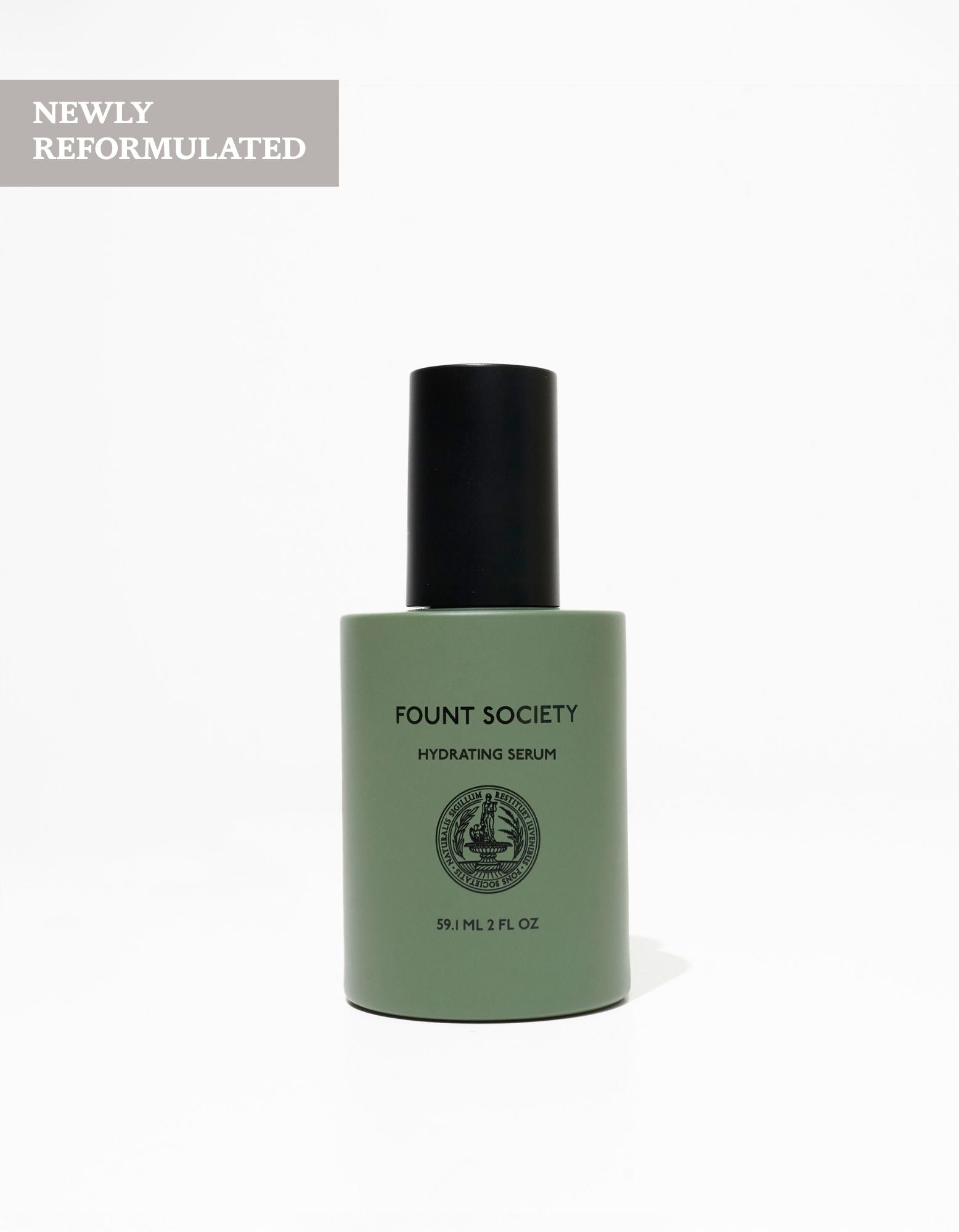 A green bottle of Cozy Earth Hydrating Serum with a black cap stands upright on a white background. "NEWLY REFORMULATED" appears in the top left corner.