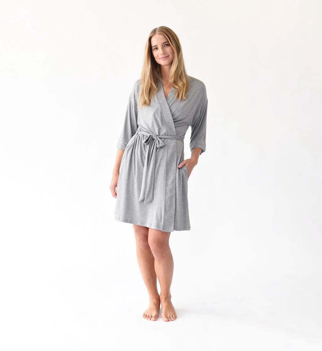 A woman wears Cozy Earth Women's Kimono Robe in Grey