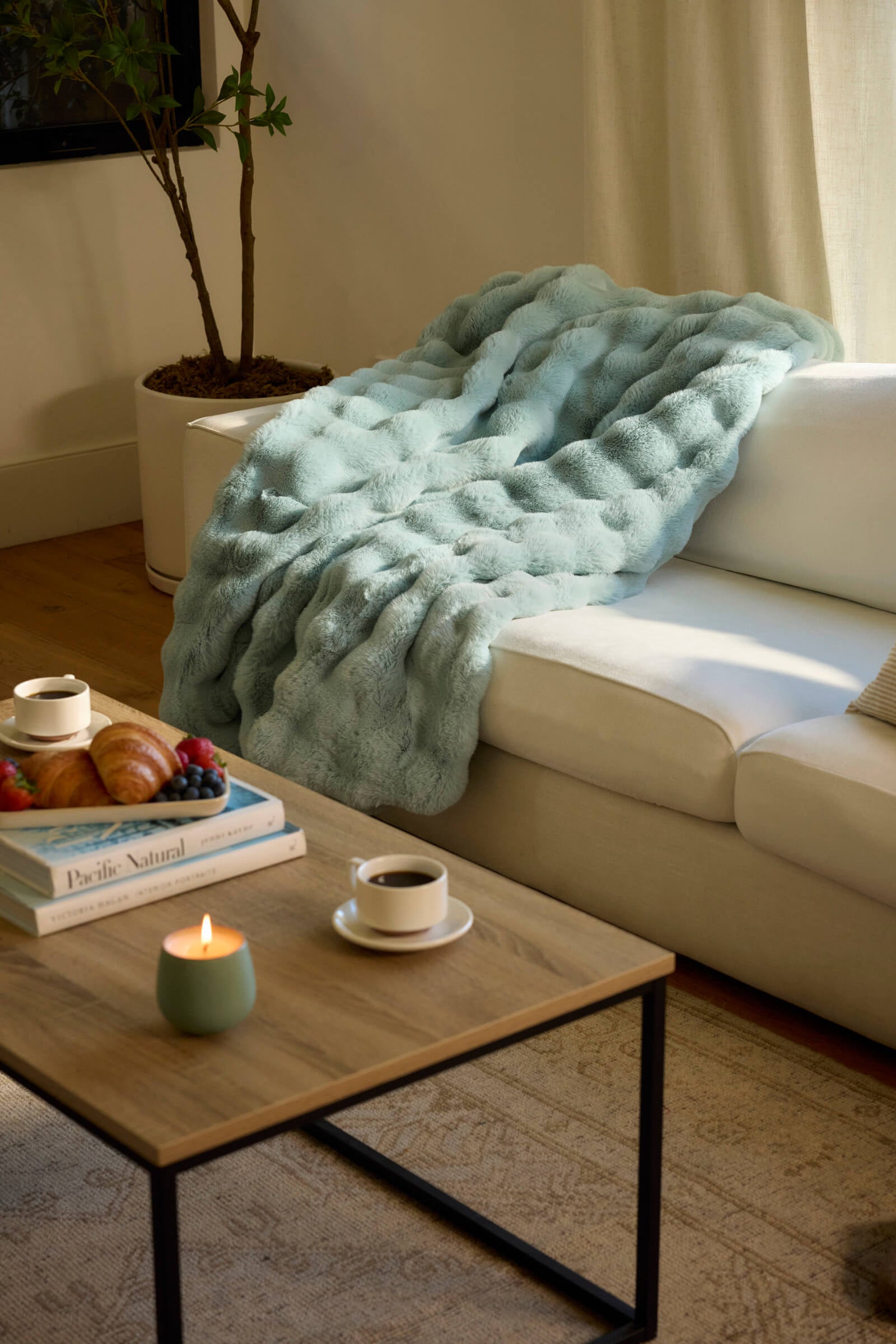 A cozy living room with a white sofa draped in the Cozy Earth Bubble Cuddle Blanket, a wooden coffee table with a candle, two cups of coffee, books, croissants and berries on a plate, and a potted plant in the corner.