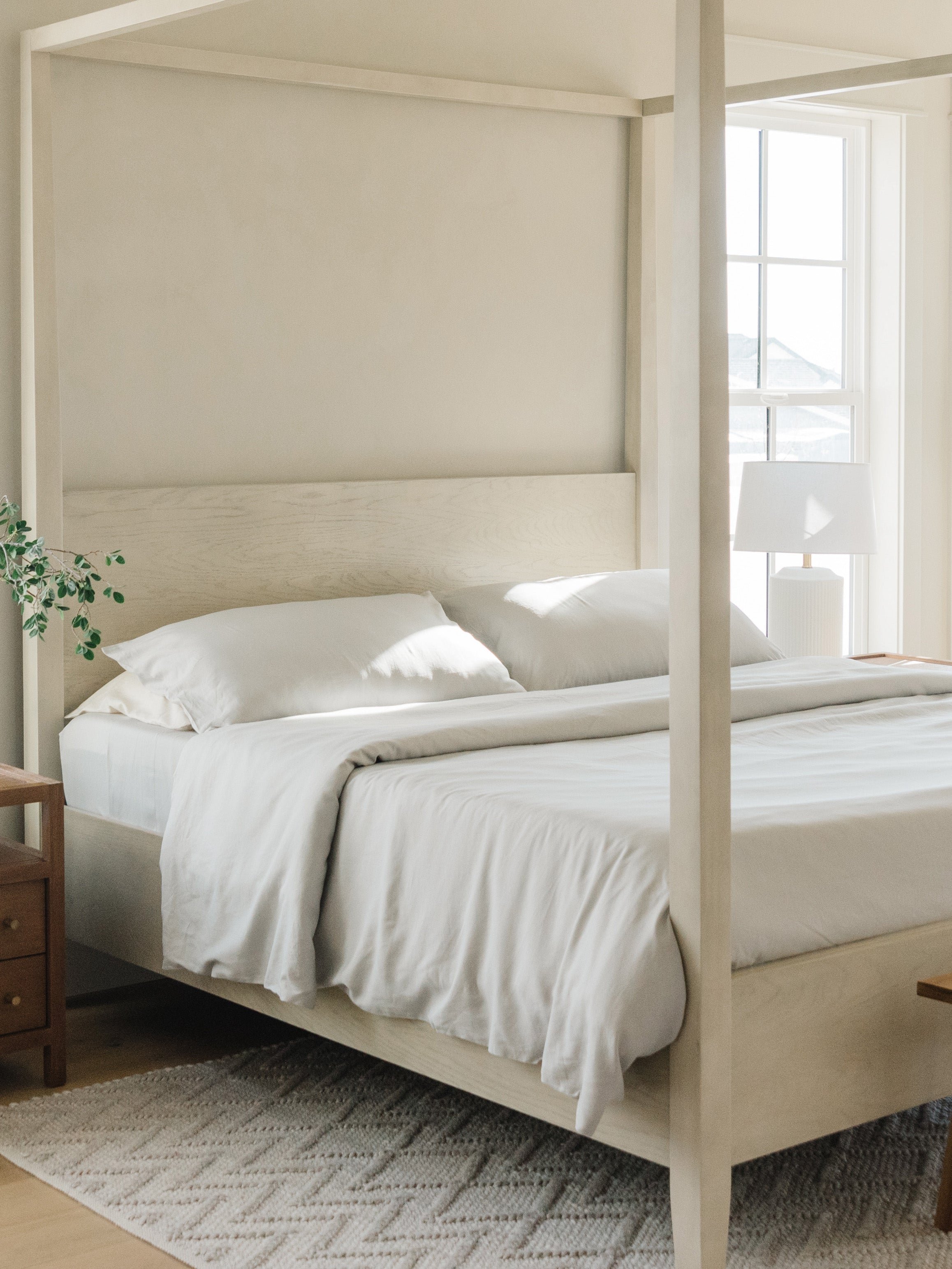 Light Grey Linen Duvet Cover and comforter resting on a bed. |Color: Light Grey