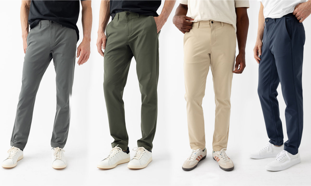 four men wearing the mens everywhere pant. 