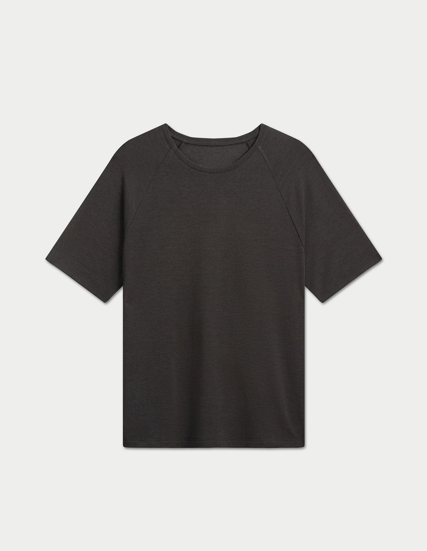 The Men's Brushed Bamboo Raglan Tee by Cozy Earth is shown laid flat on a white background, featuring short sleeves, a crew neckline, and a classic, minimalist design.