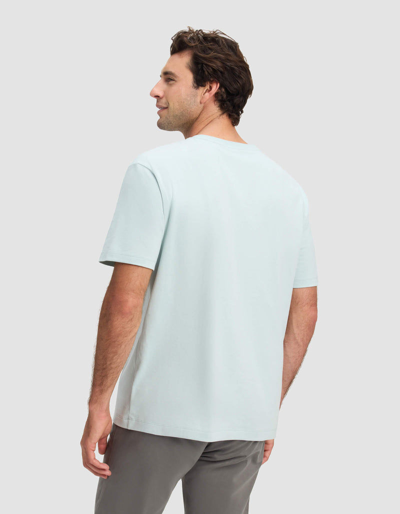 A man with short brown hair faces away, wearing the Cozy Earth Men's All Day Tee in light blue and gray pants, set against a plain light gray background.