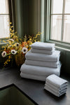 Complete Nantucket Bath Bundle in the color Heathered Harbor Mist. Photo of Complete Nantucket Bath Bundle taken as the Heathered Harbor Mist with the Heathered Harbor Mist Bundle resting on a bathroom countertop. |Color: Heathered Harbor Mist