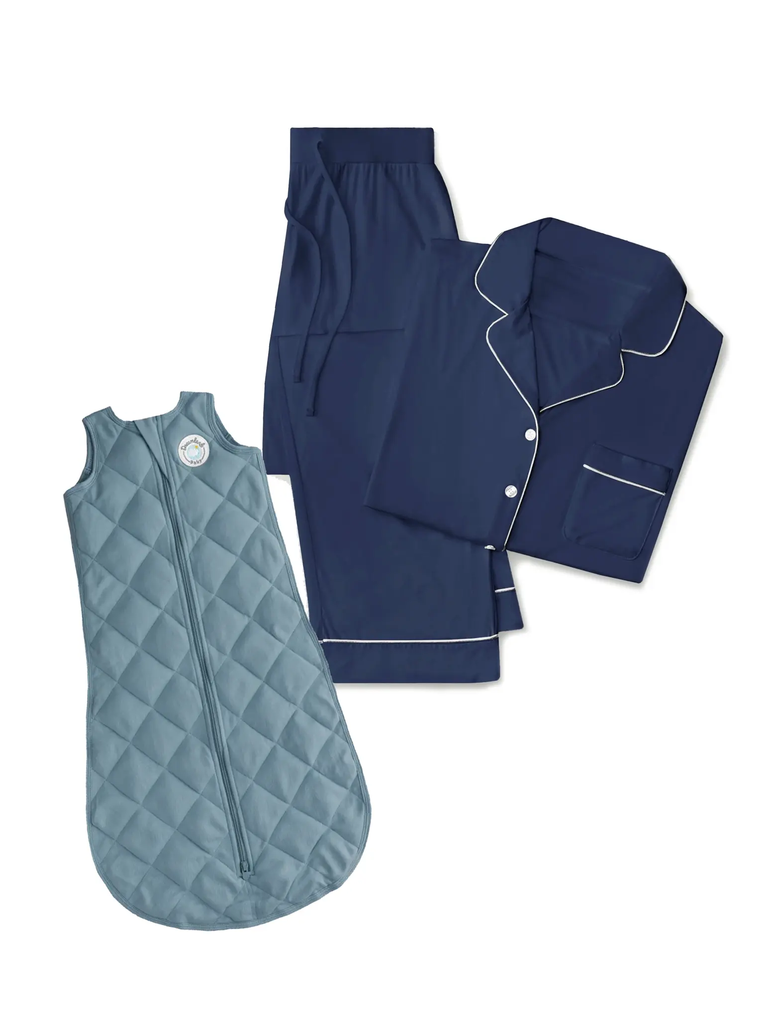 The Cozy Earth Women's Pajama Set in navy with white piping is displayed next to the Dreamland Weighted Sleep Sack, a light blue sleeveless quilted design with a front zipper, both set against a white background.