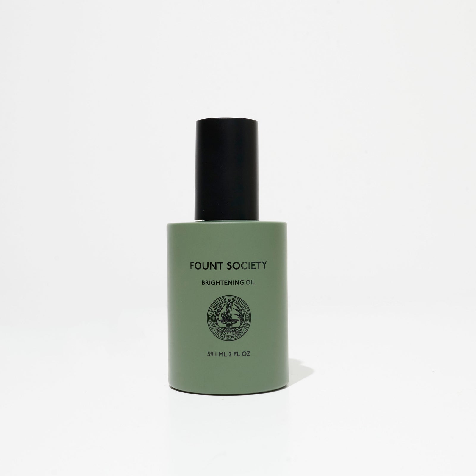 A green bottle with a black cap labeled "Fount Society Brightening Oil, 59 mL, 2 fl. oz." is centered on a white background.