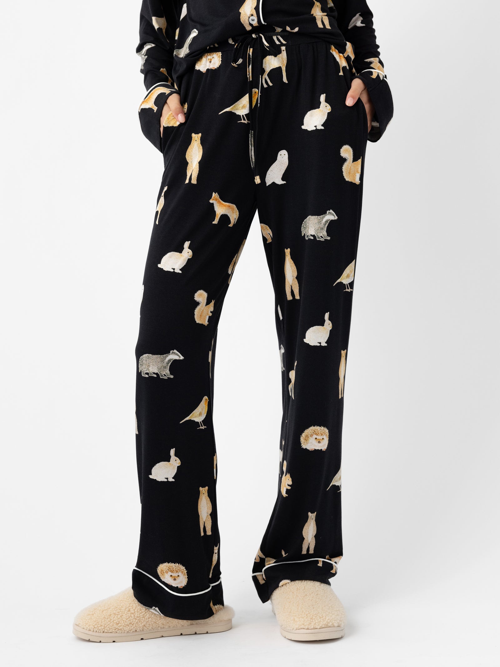 Woman wearing Women's Stretch-Knit Bamboo Pajama Pant in Woodland Creatures Black 