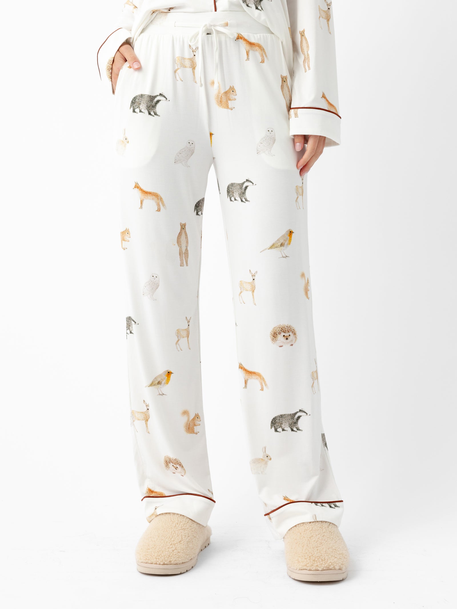 Woman wearing Women's Stretch-Knit Bamboo Pajama Pant in Woodland Creatures Ivory 