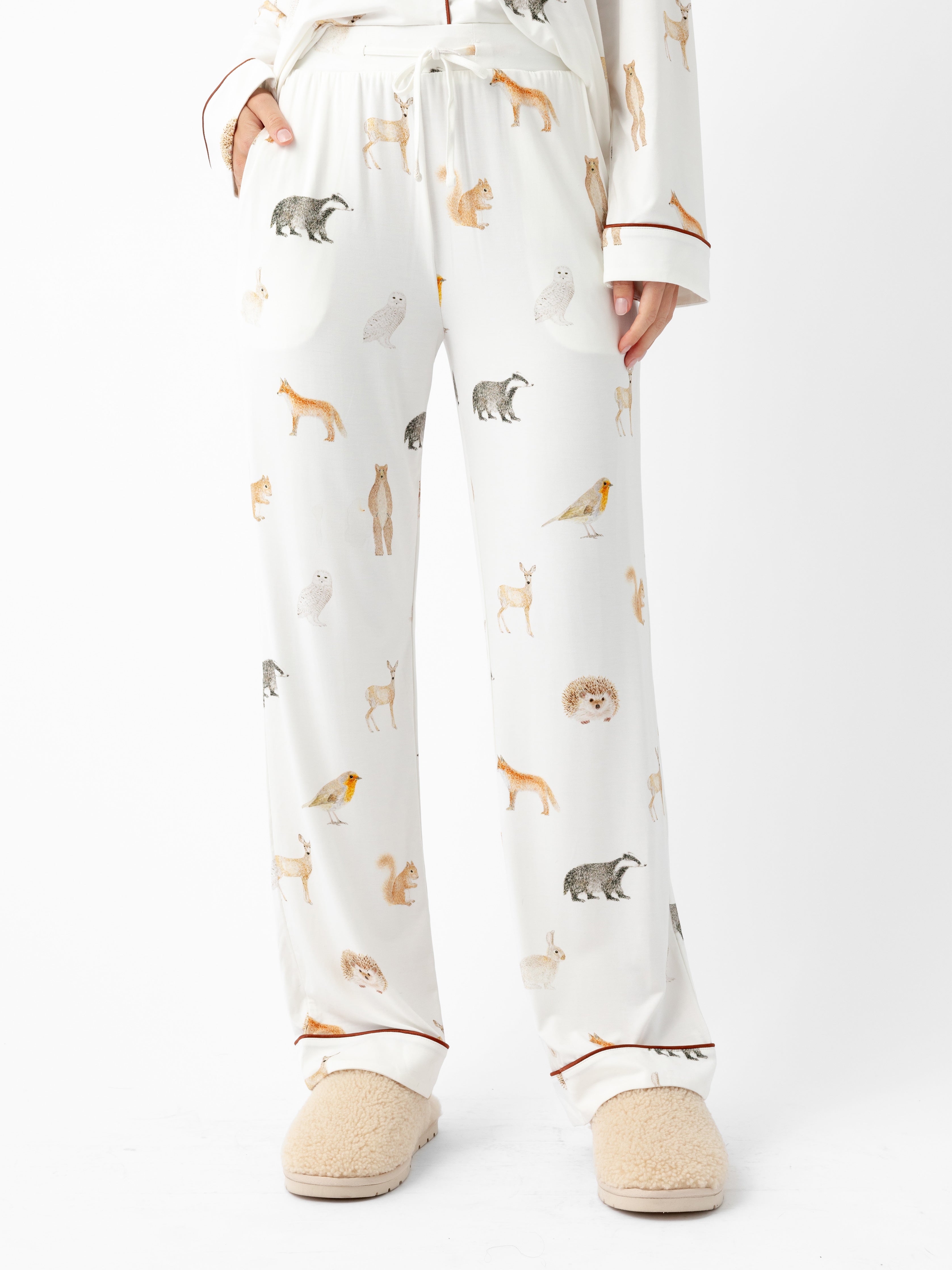 Woman wearing Women's Stretch-Knit Bamboo Pajama Pant in Woodland Creatures Ivory |Color:Woodland Creatures Ivory