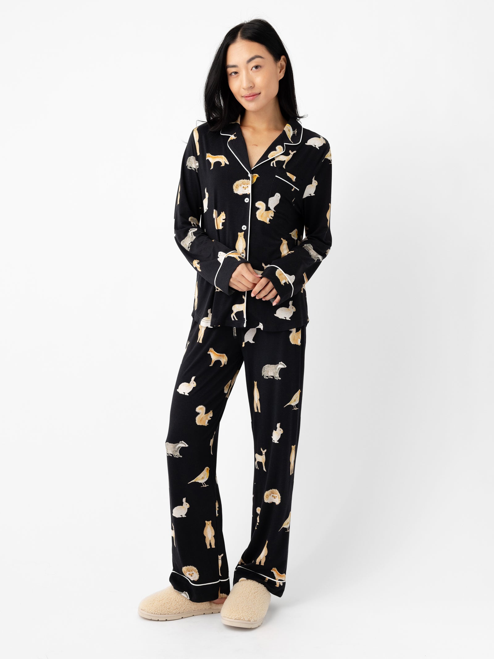 Woman wearing Women's Long Sleeve Bamboo Pajama Top in Stretch-Knit - Woodland Creatures Black 