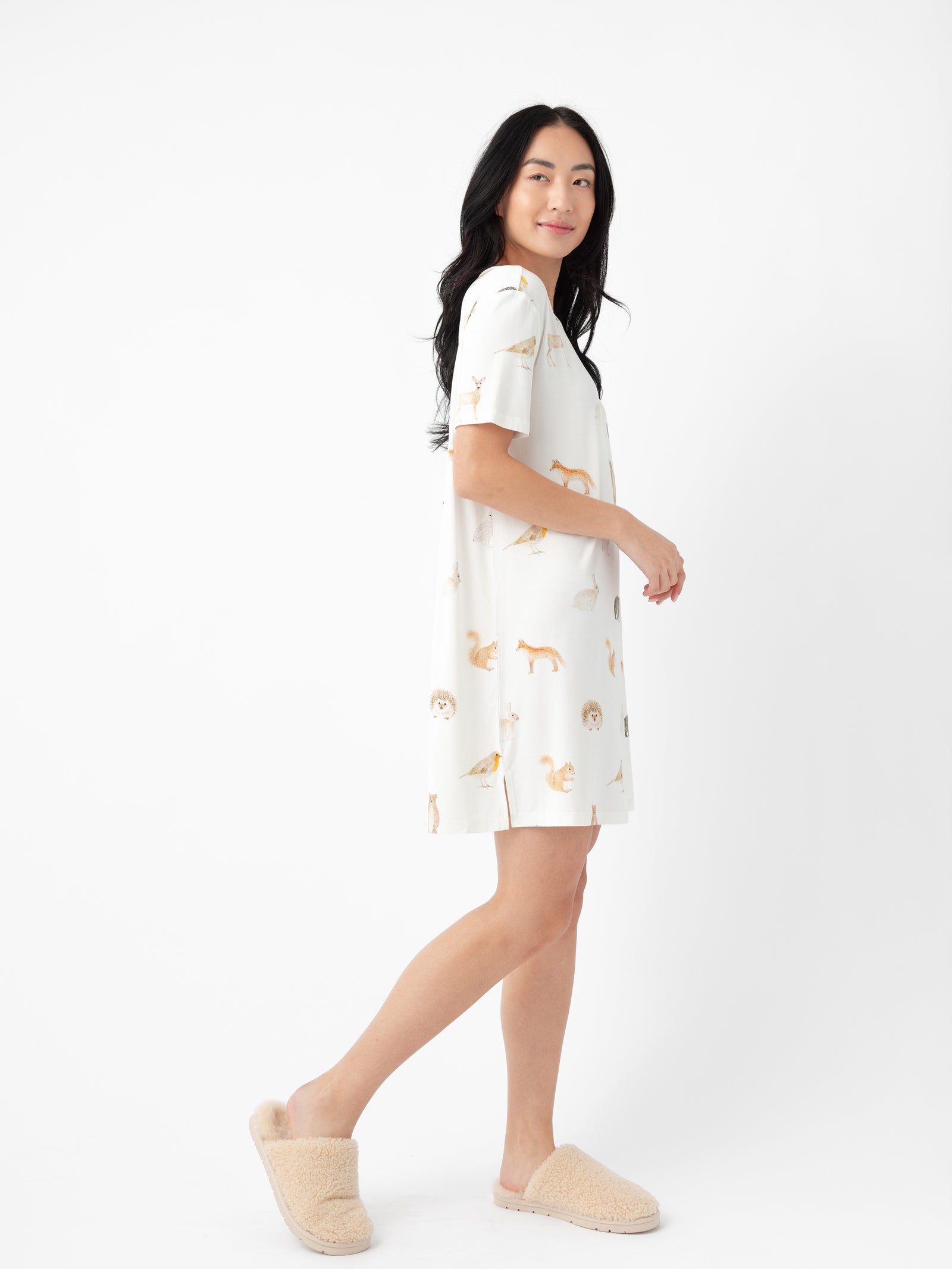 Woman wearing Women's Bamboo Stretch Knit Sleep Dress in Woodland Creatures Ivory 
