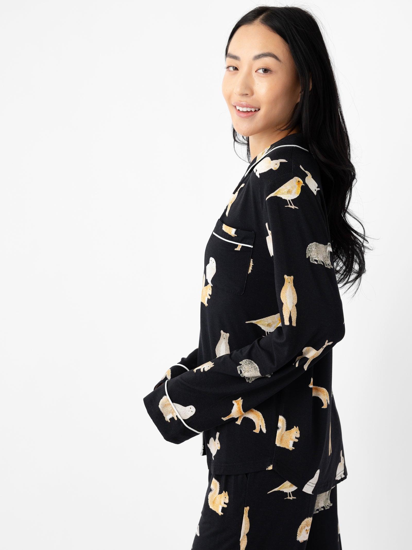 Woman wearing Women's Long Sleeve Bamboo Pajama Top in Stretch-Knit - Woodland Creatures Black 