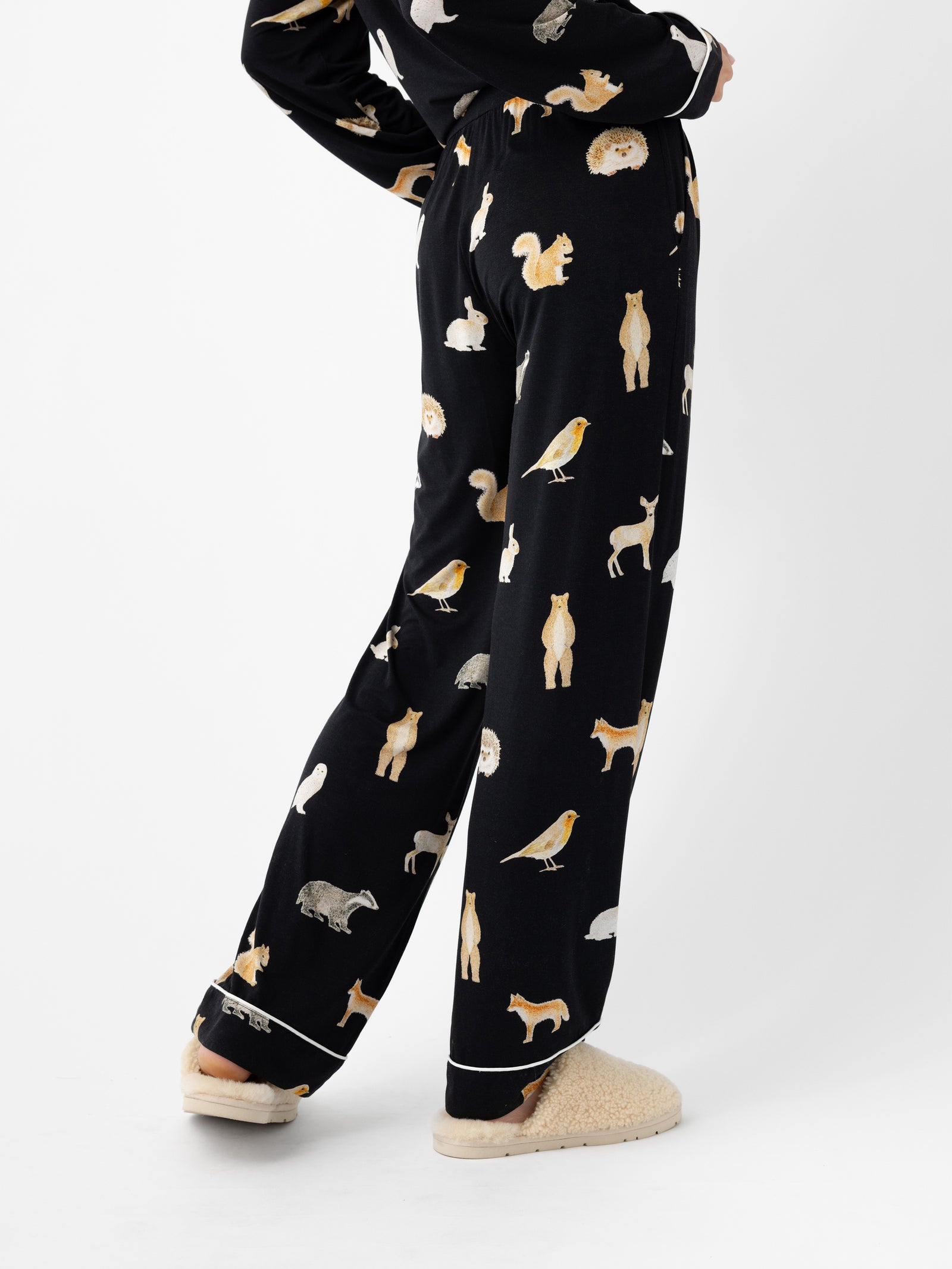 Woman wearing Women's Stretch-Knit Bamboo Pajama Pant in Woodland Creatures Black 