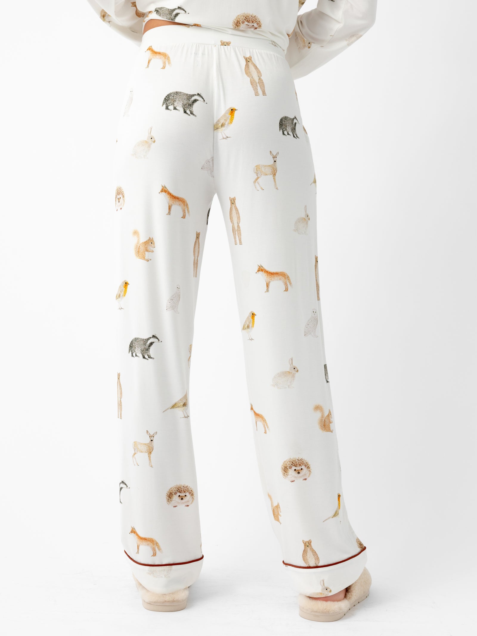 Woman wearing Women's Stretch-Knit Bamboo Pajama Pant in Woodland Creatures Ivory 