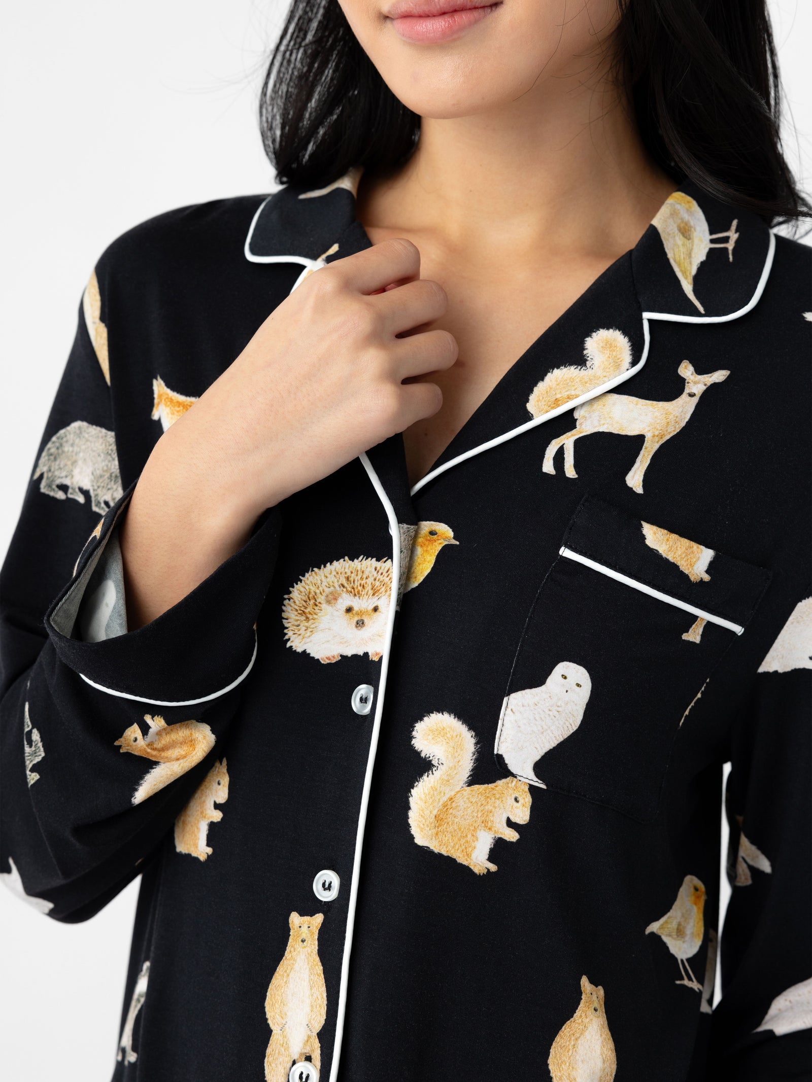 Woman wearing Women's Long Sleeve Bamboo Pajama Top in Stretch-Knit - Woodland Creatures Black 