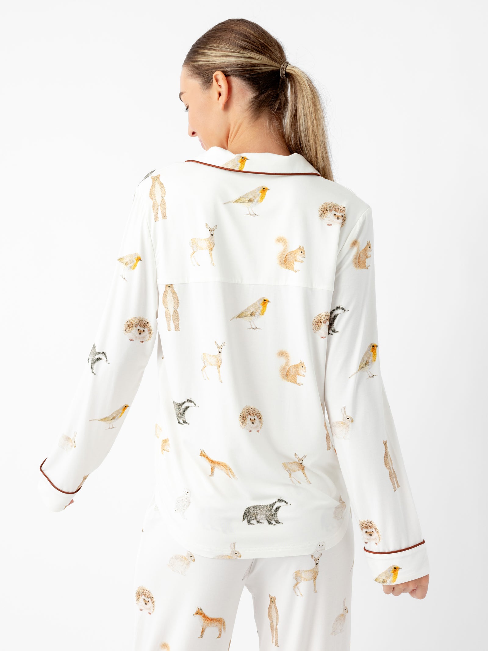 Woman wearing Women's Long Sleeve Bamboo Pajama Top in Stretch-Knit - Woodland Creatures Ivory 