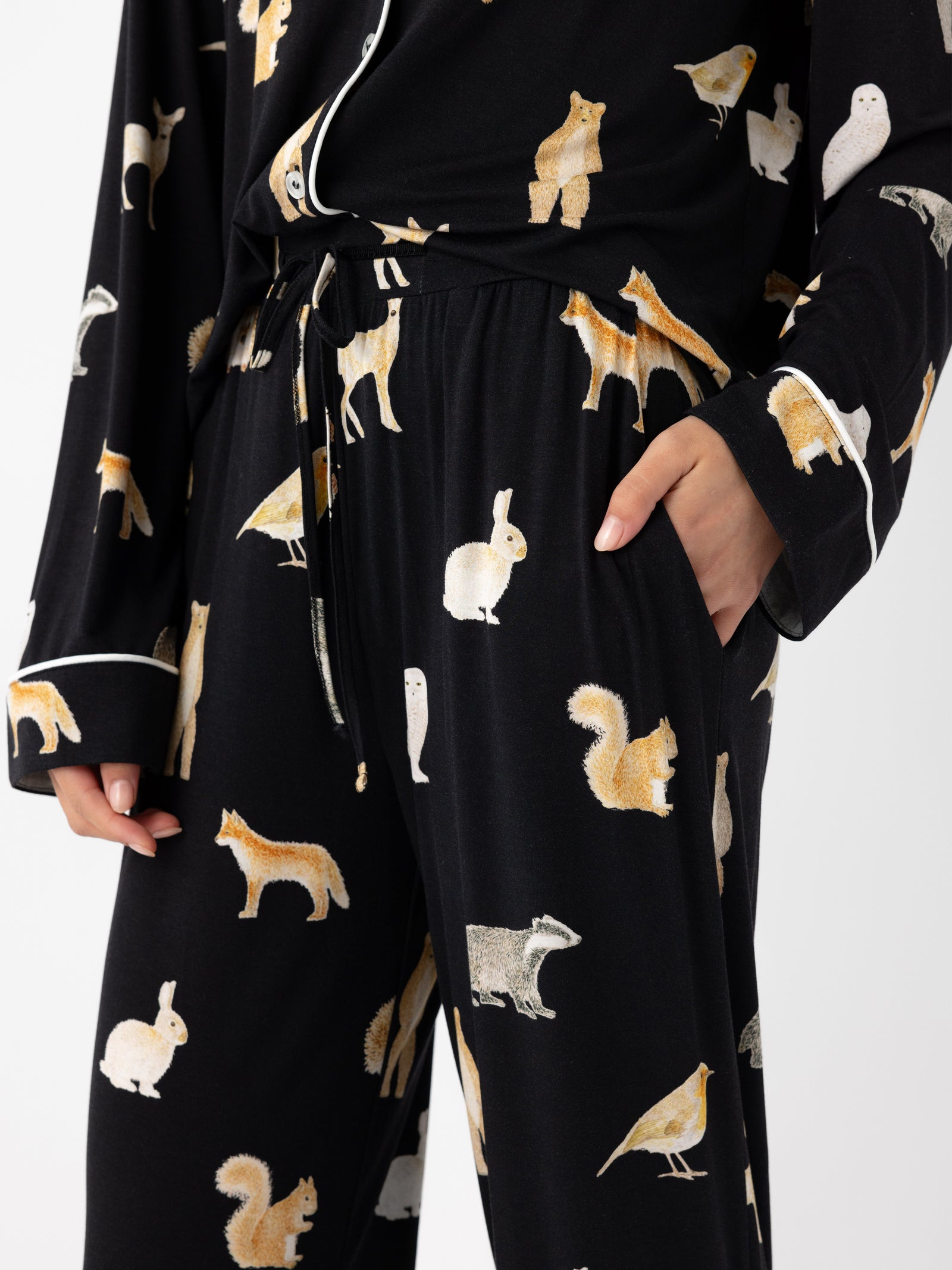 Woman wearing Women's Stretch-Knit Bamboo Pajama Pant in Woodland Creatures Black 