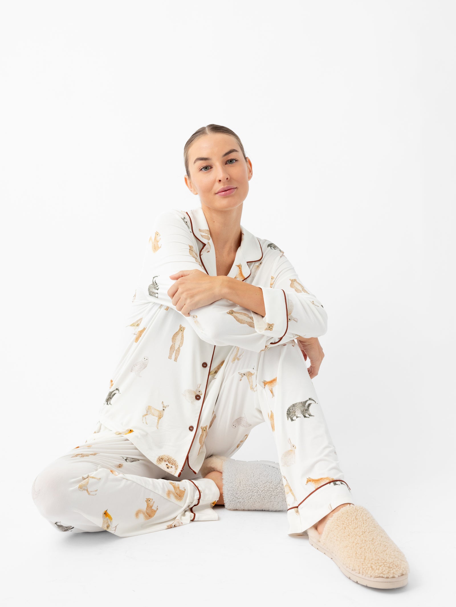 Woman wearing Women's Stretch-Knit Bamboo Pajama Pant in Woodland Creatures Ivory 