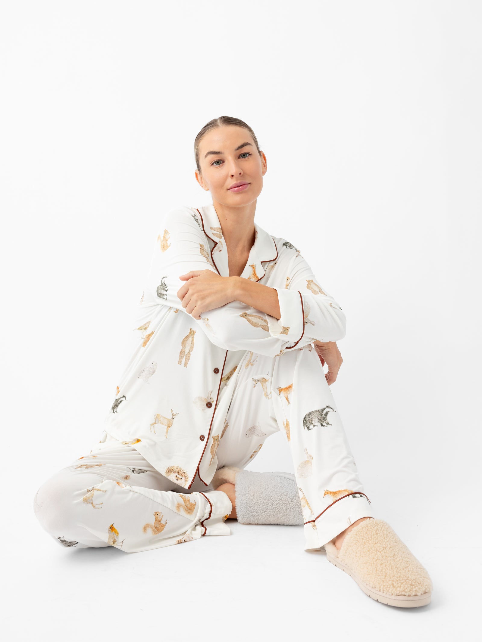 Woman wearing Women's Long Sleeve Bamboo Pajama Top in Stretch-Knit - Woodland Creatures Ivory 