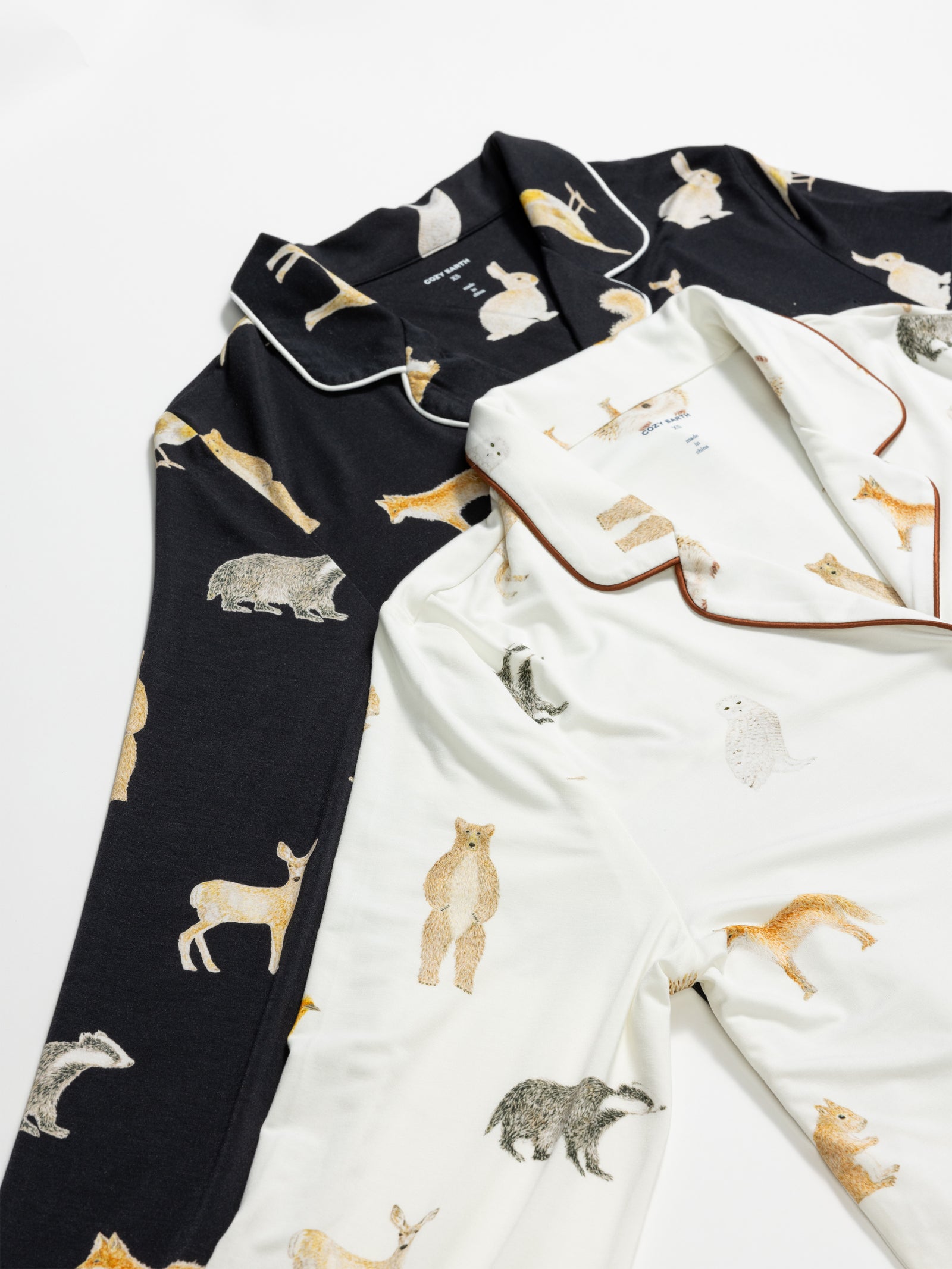 Women's Long Sleeve Bamboo Pajama Top in Stretch-Knit - Woodland Creatures Ivory and Black 