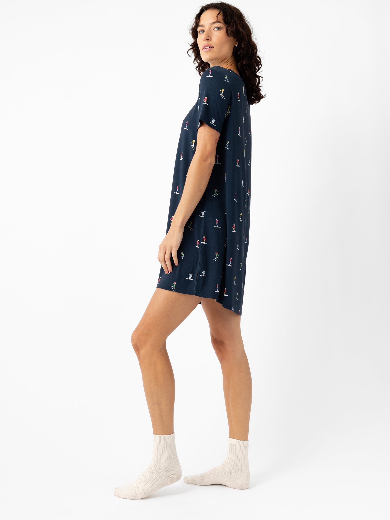 Woman wearing Women's Bamboo Stretch Knit Sleep Dress in Ski Navy 