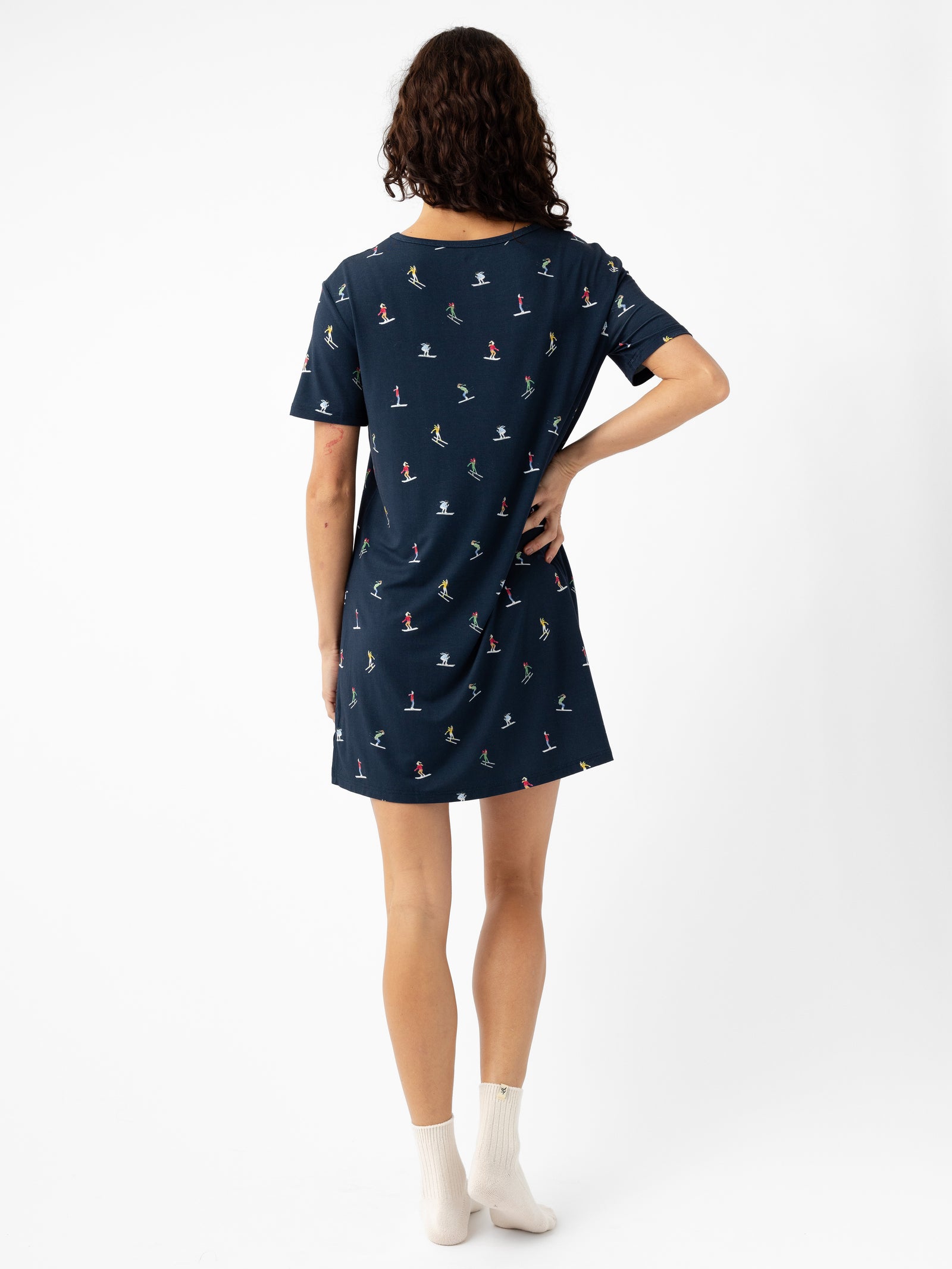 Woman wearing Women's Bamboo Stretch Knit Sleep Dress in Ski Navy 