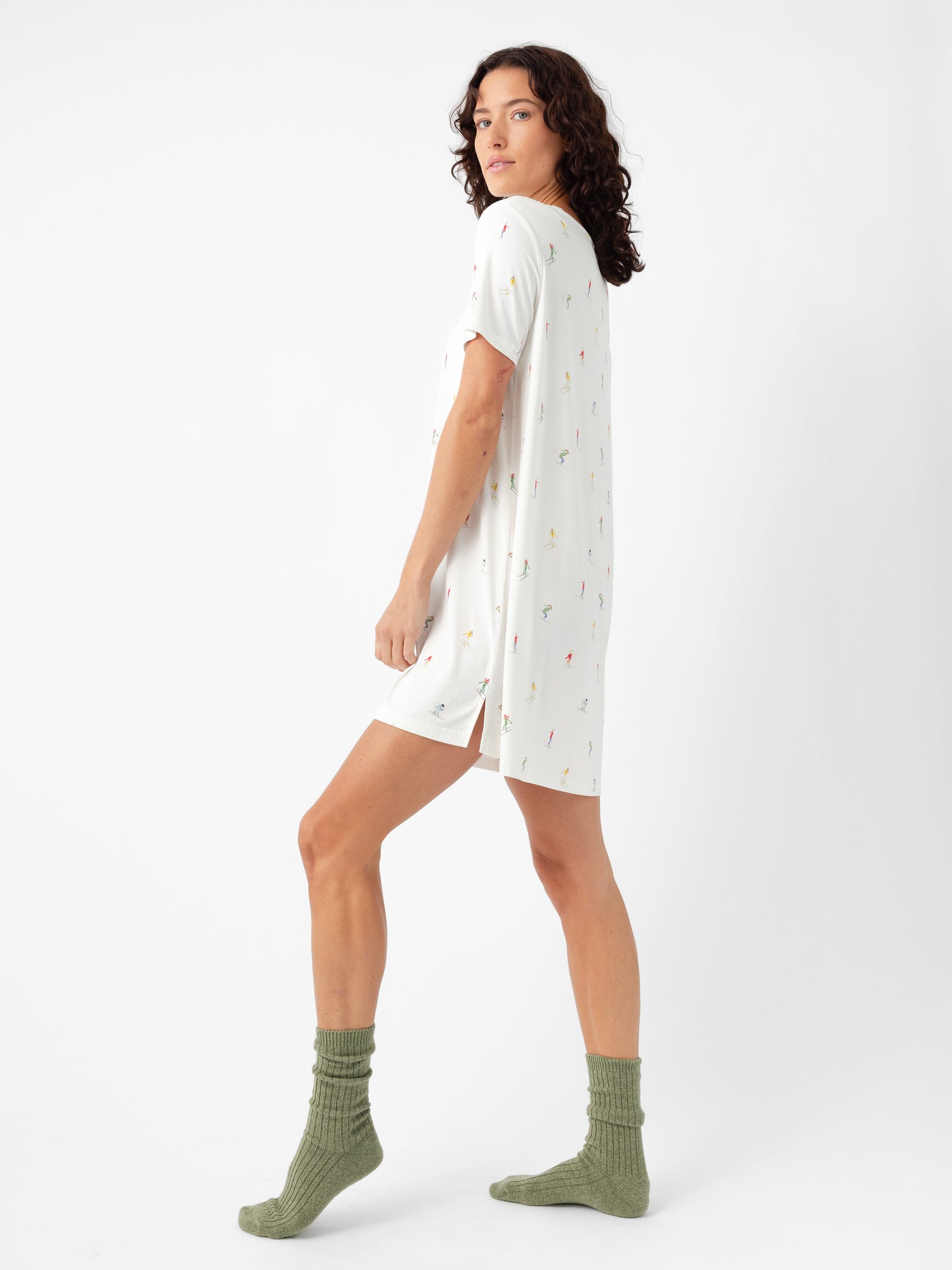 Woman wearing Women's Bamboo Stretch Knit Sleep Dress in Ski Ivory 