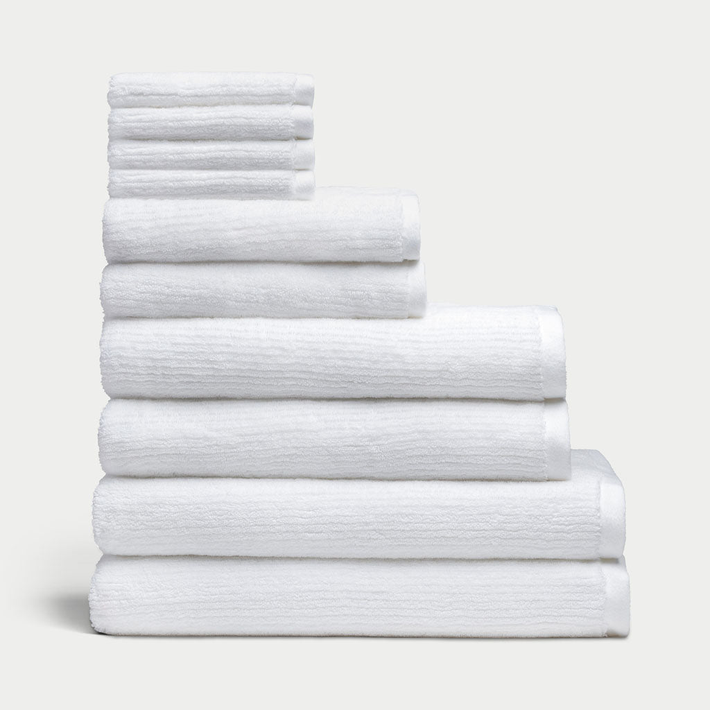 Complete Ribbed Terry Bath Bundle in the color White. Photo of Complete Ribbed Terry Bath Bundle taken with a white background. |Color: White