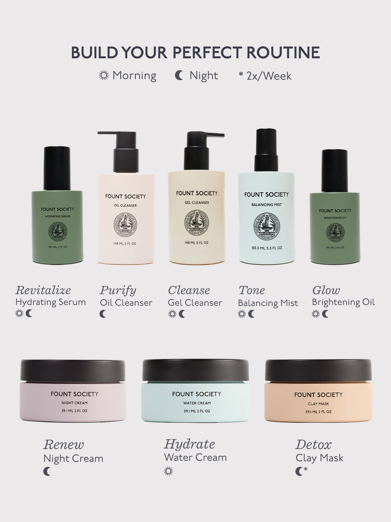 Image depicting a skincare routine with Cozy Earth products, including the Mini Moisture Reset Trio, serums, cleansers, creams, and masks designed for morning, night, and bi-weekly use. Products are categorized by their purposes: Revitalize, Purify, Cleanse, Tone, Glow, Renew, Hydrate, Detox.