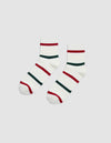 The Women's Sadie Sock by Cozy Earth is shown side by side on a light gray background, featuring white ankle-length design with red and green horizontal stripes.|Color:Jade/Crimson