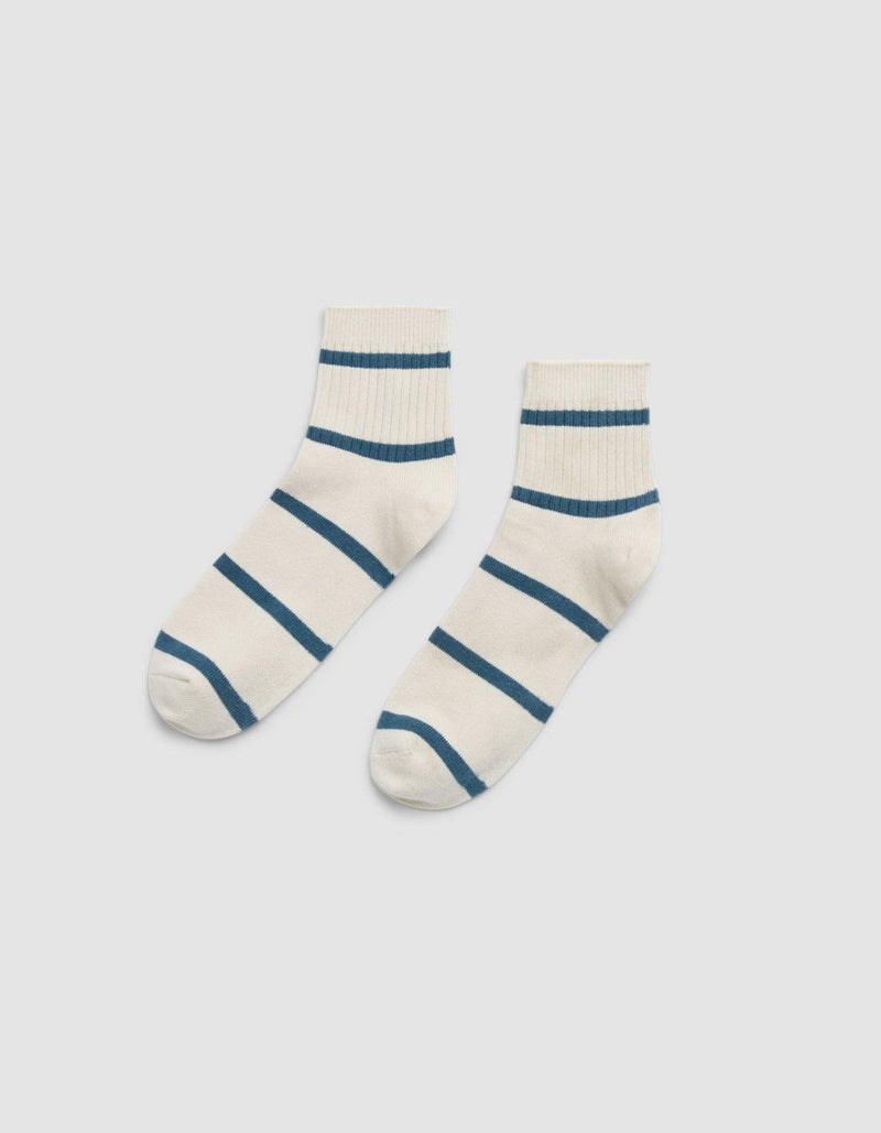 Cozy Earth Women's Sadie Sock: white ankle socks with horizontal blue stripes, shown side by side on a plain light gray background.