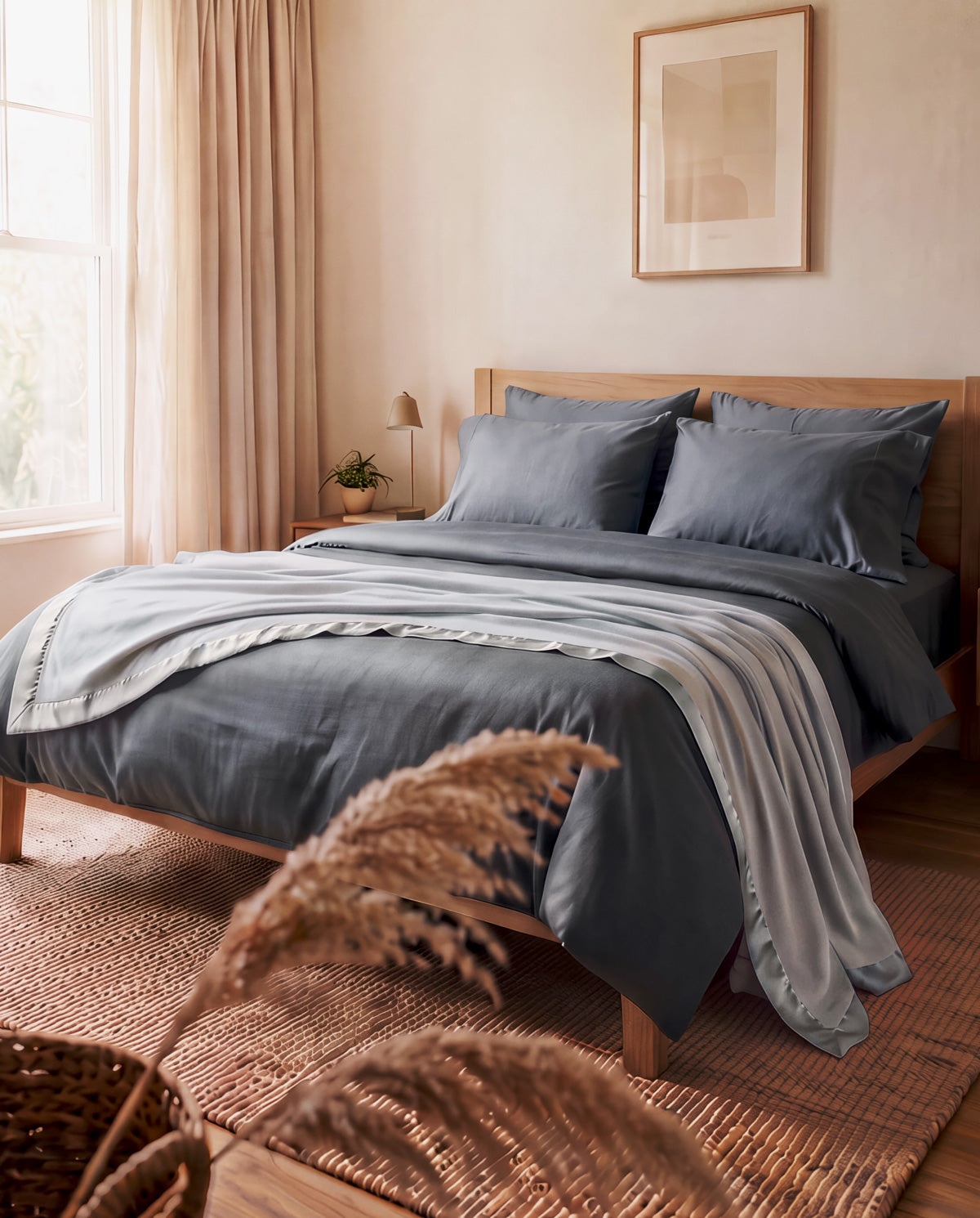 A bed with dark blue sheets features a Cozy Earth Bamboo Blanket in shore draped across the foot of it. |Color:Shore