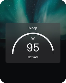 A digital sleep tracker display shows a sleep score of 95, labeled as "Optimal," against a night sky background with aurora lights.