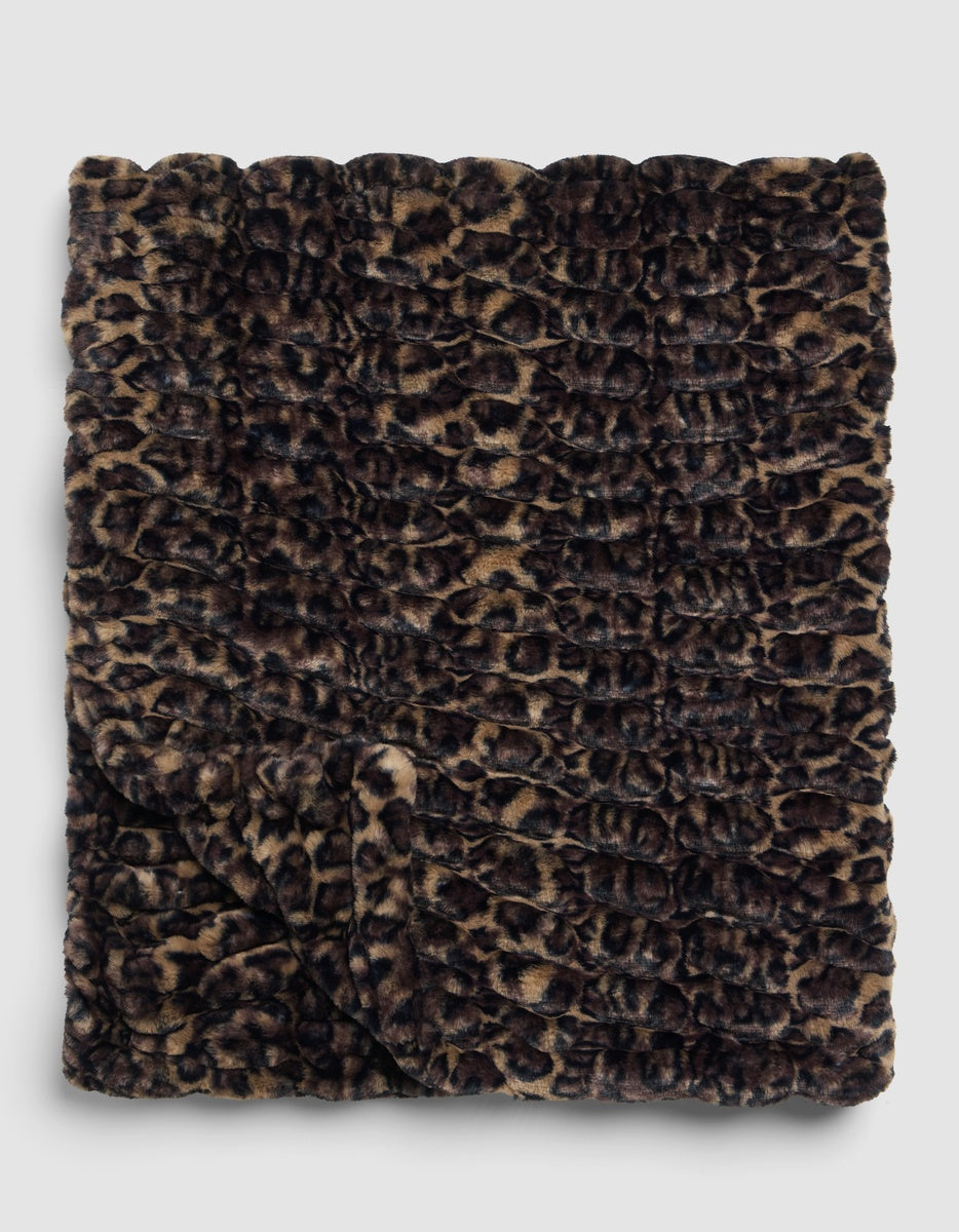 Folded Snuggle Cuddle Blanket featuring a brown and black leopard print faux fur.