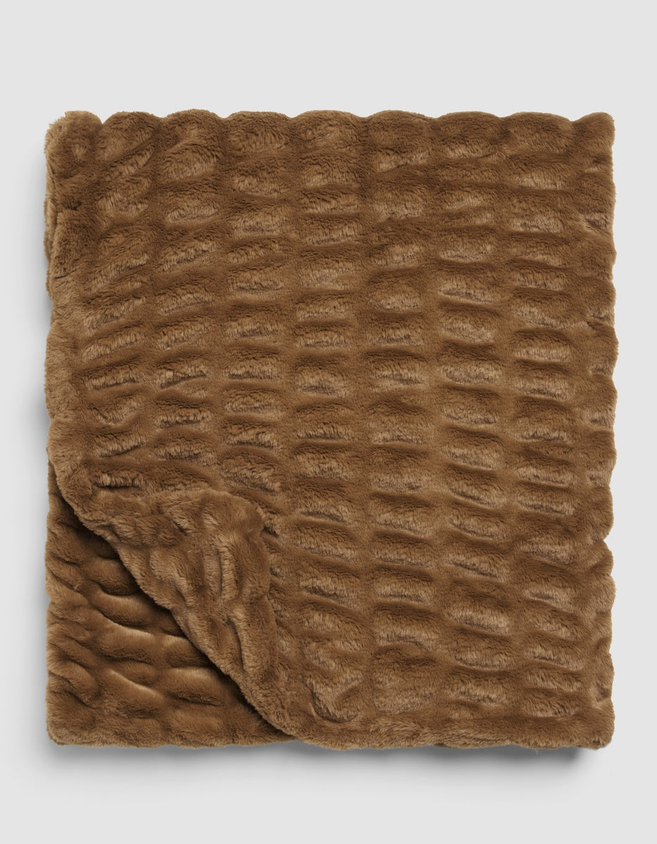 Folded brown Snuggle Cuddle Blanket in faux fur with a textured, quilted pattern.