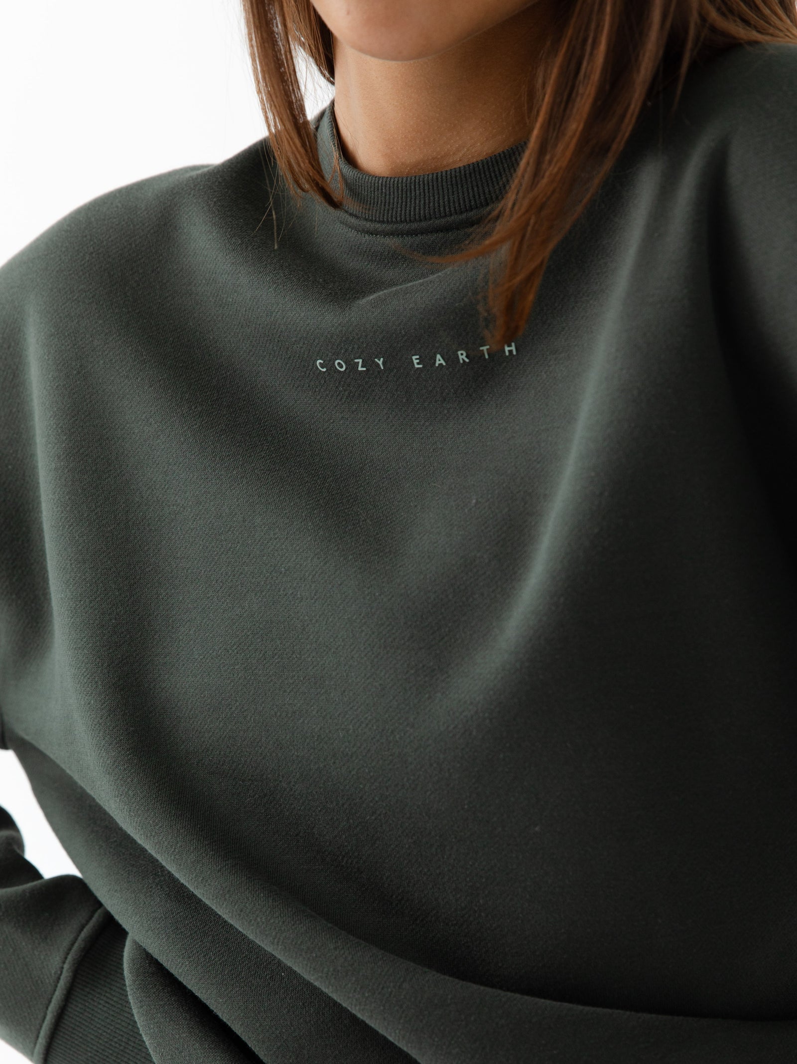 Close up of storm cityscape crewneck showing the Cozy Earth logo 