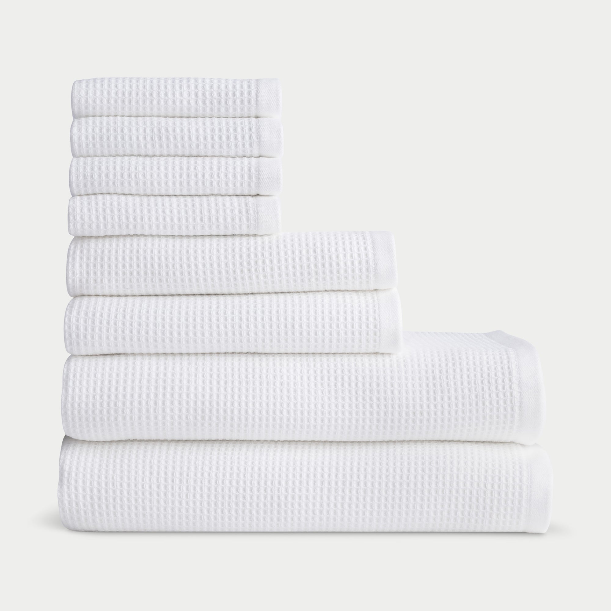 Waffle Bath Towel Set in the color White. Photo of white Waffle Bath Towel Set taken with white background. |Color:White