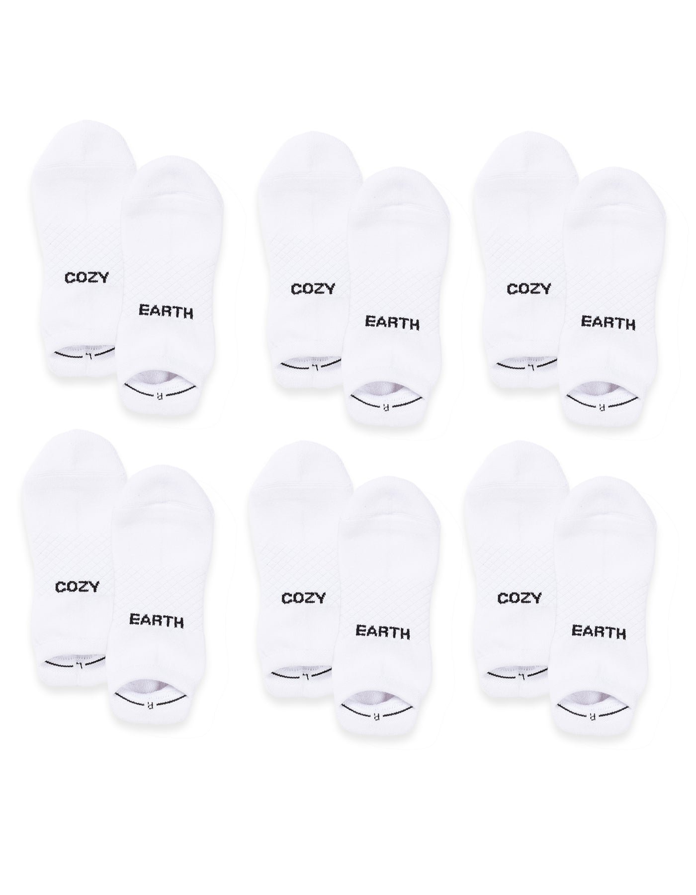 Six pairs of Cozy Earth Essential Ankle Socks are arranged in two rows on a white background. Each white sock features either "COZY" or "EARTH" in black text on top. |Color:White