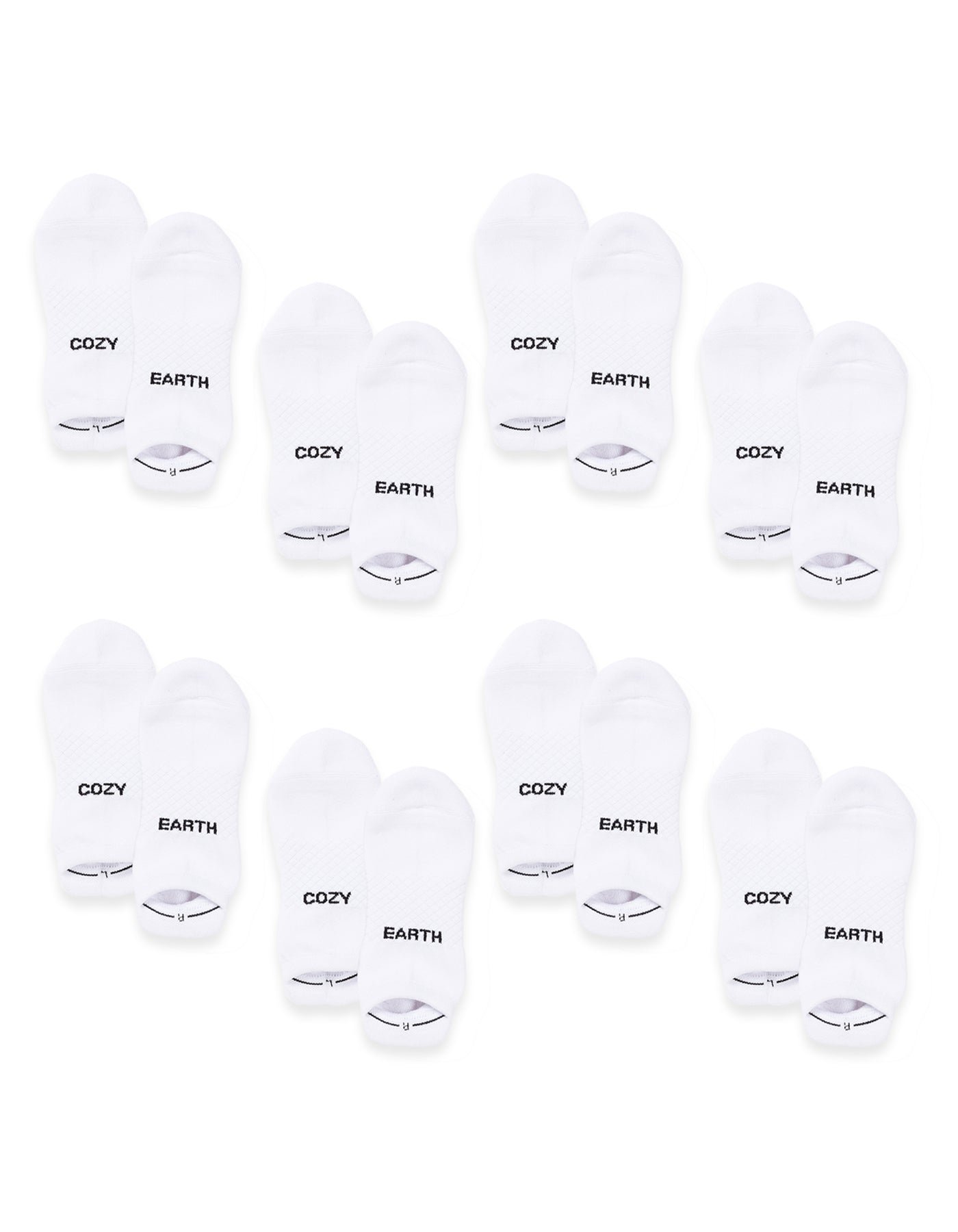 Eight pairs of white Essential Ankle Socks by Cozy Earth are arranged in rows, each with "COZY" on one sock and "EARTH" on the other in black text near the toes. |Color:White