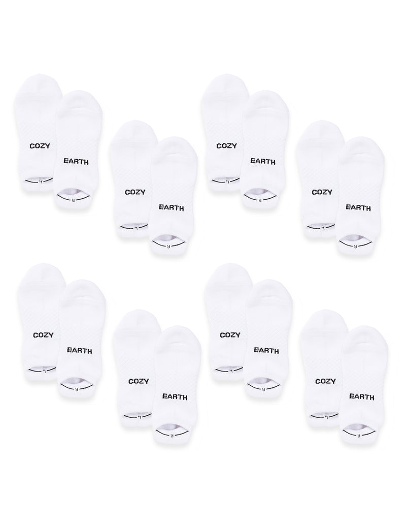 Eight pairs of white Essential Ankle Socks by Cozy Earth are arranged in rows, each with "COZY" on one sock and "EARTH" on the other in black text near the toes.