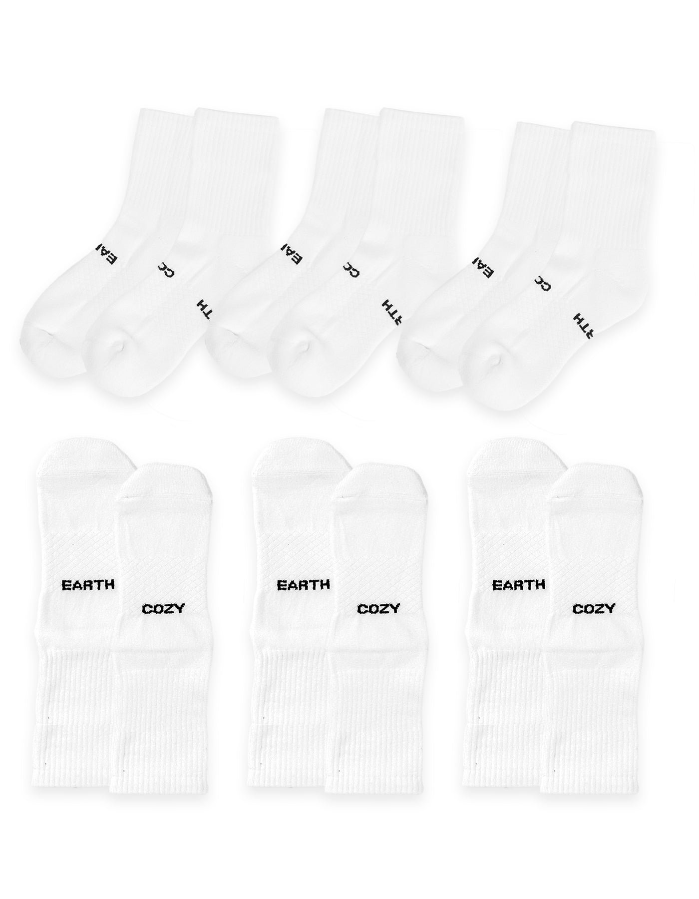 The Essential Calf Sock 6-Pack by Cozy Earth is displayed in two rows on a white background: the top row shows plain white socks, while the bottom row features socks with "EARTH" and "COZY" in black text. |Color:White