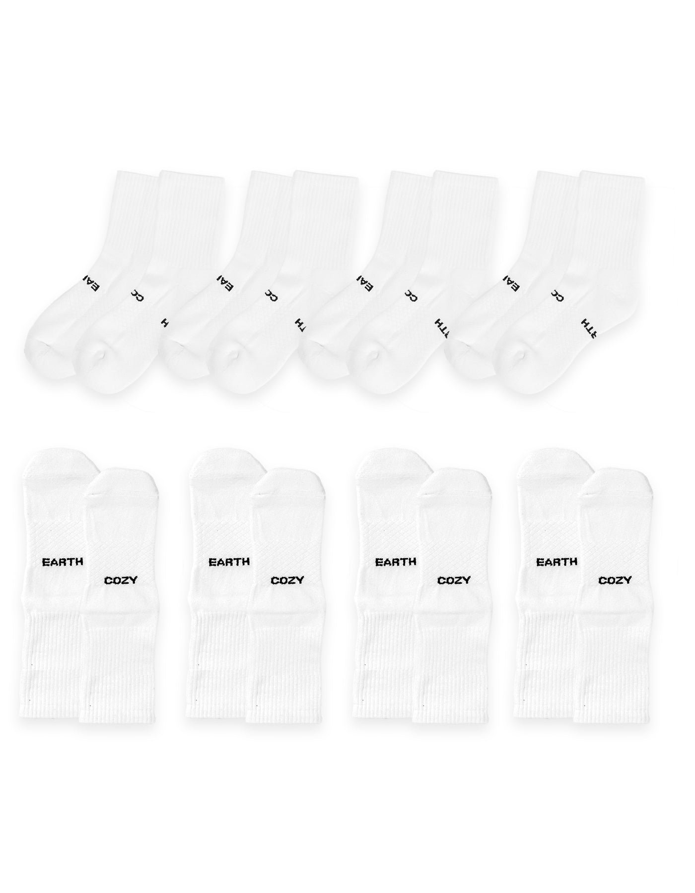Eight pairs of white Essential Calf Socks by Cozy Earth are arranged in two rows on a white background, each with "COZY EARTH" printed in black near the toes. |Color:White