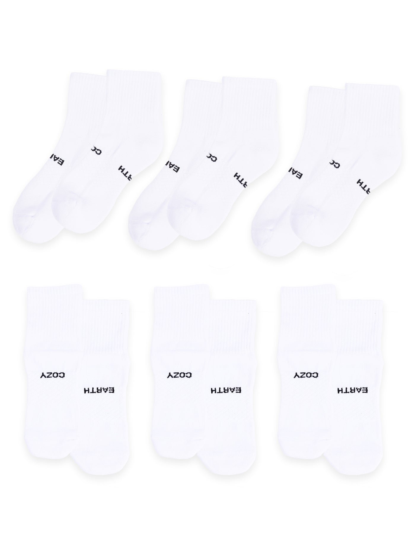 Six pairs of Cozy Earth Essential Quarter Socks are arranged in two rows, each with ribbed cuffs and "EARTH" and "COZY" printed in black on the soles. The socks are plain white and come as a 6-pack.  |Color:White