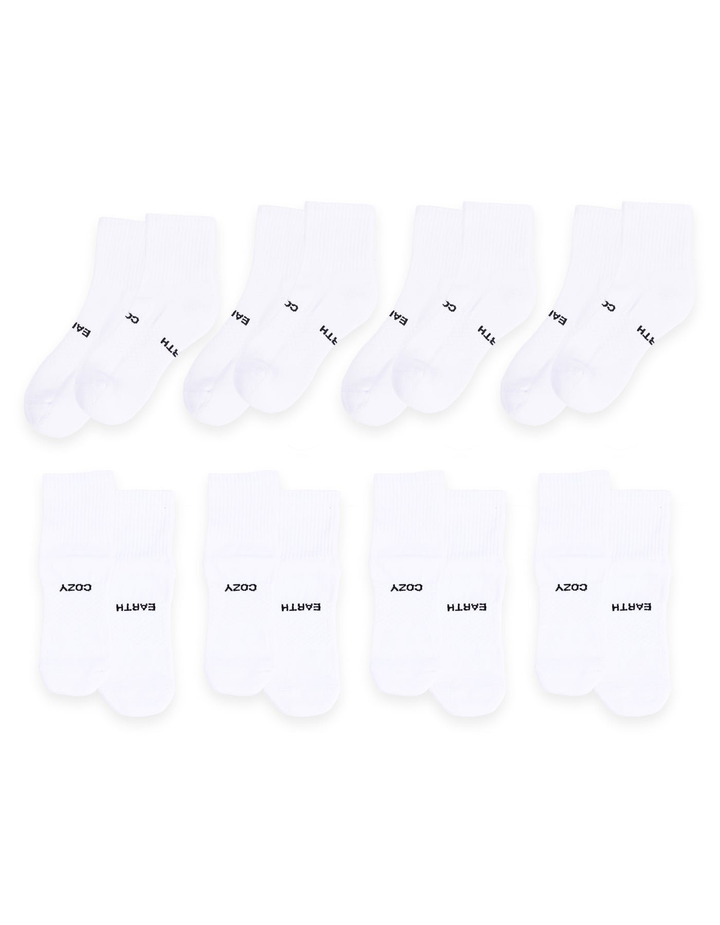 An 8-pack of white Essential Quarter Socks by Cozy Earth, each pair laid out flat with "EARTH" and "COZY" printed in black on the cuffs. |Color:White