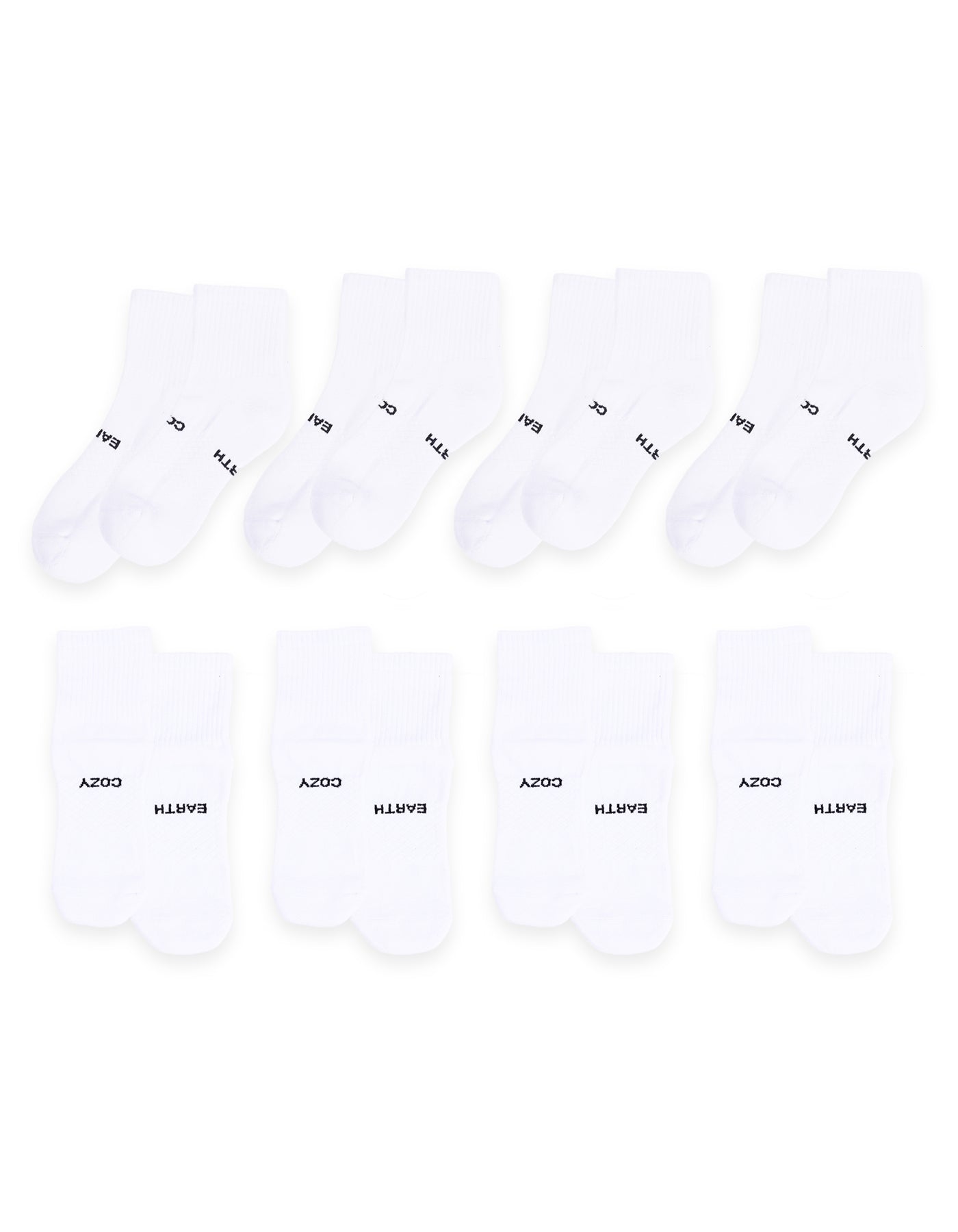 An 8-pack of white Essential Quarter Socks by Cozy Earth, each pair laid out flat with "EARTH" and "COZY" printed in black on the cuffs. 
