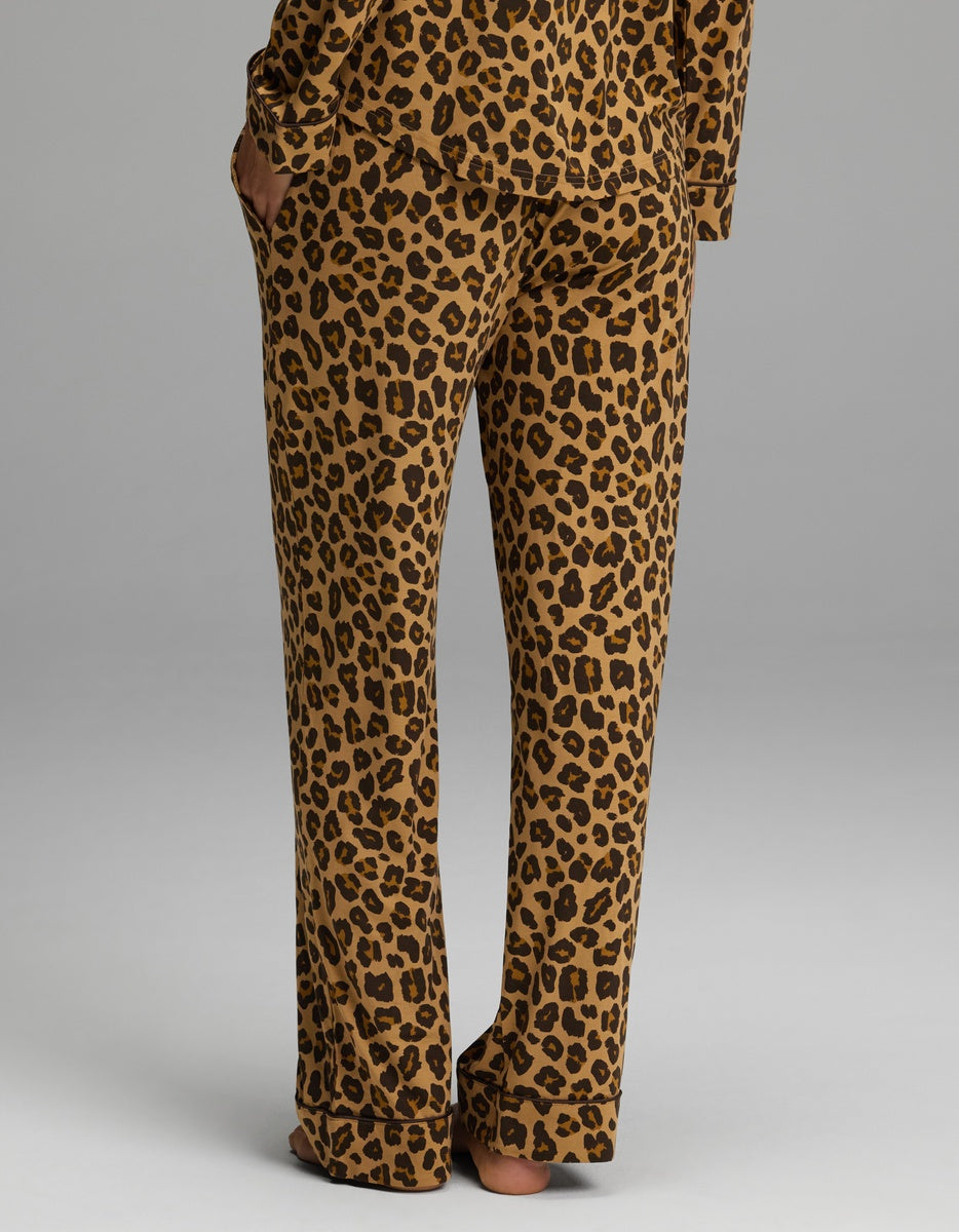 Cozy Earth Women’s Bamboo Stretch-Knit Pajama Pant in a full-length, brown and black leopard print.