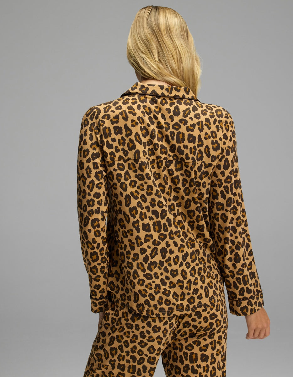 Back view of a Cozy Earth Women’s Bamboo Stretch-Knit Long Sleeve Pajama Top in a brown leopard print.