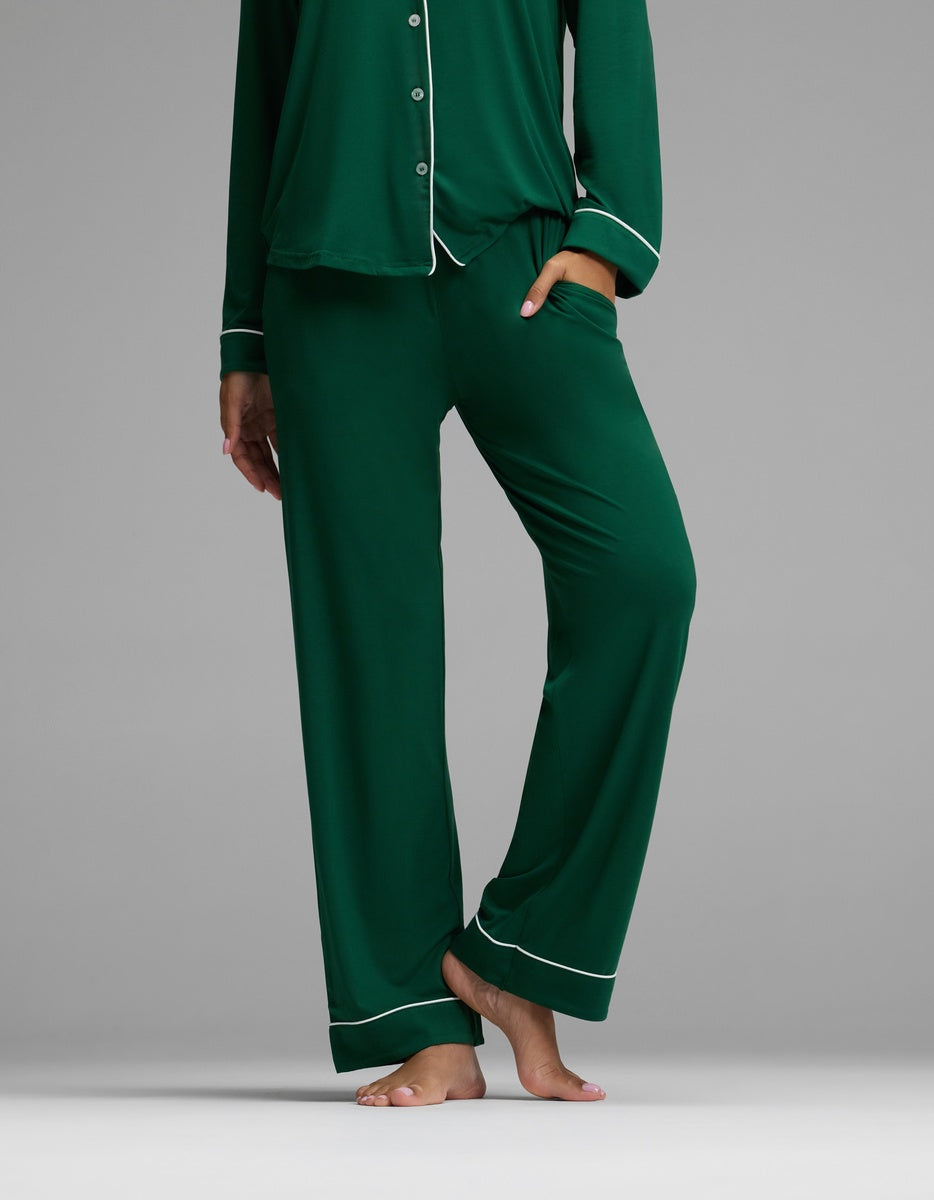 Dark green Women’s Bamboo Stretch-Knit Pajama Pant with white piping at the cuffs.