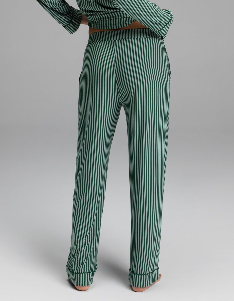 Back view of Women’s Bamboo Stretch-Knit Pajama Pant in green and white stripes with cuffed hems.