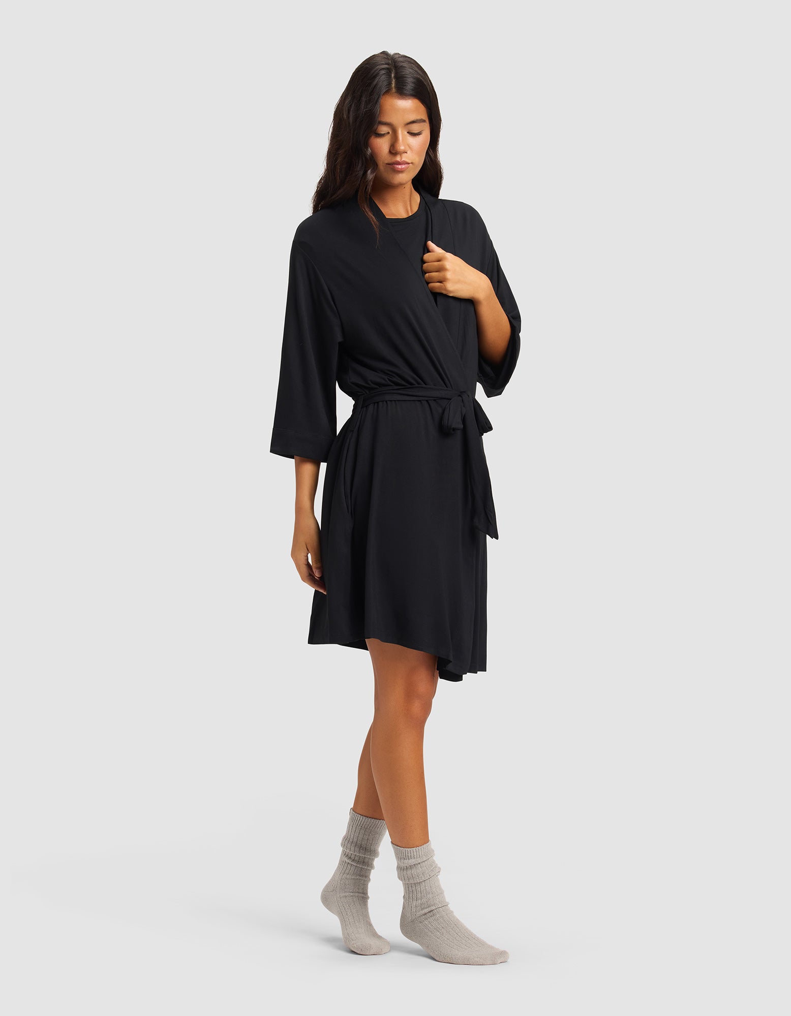 Cozy Earth Women's Bamboo Stretch-Knit Kimono Robe, Black / XXL